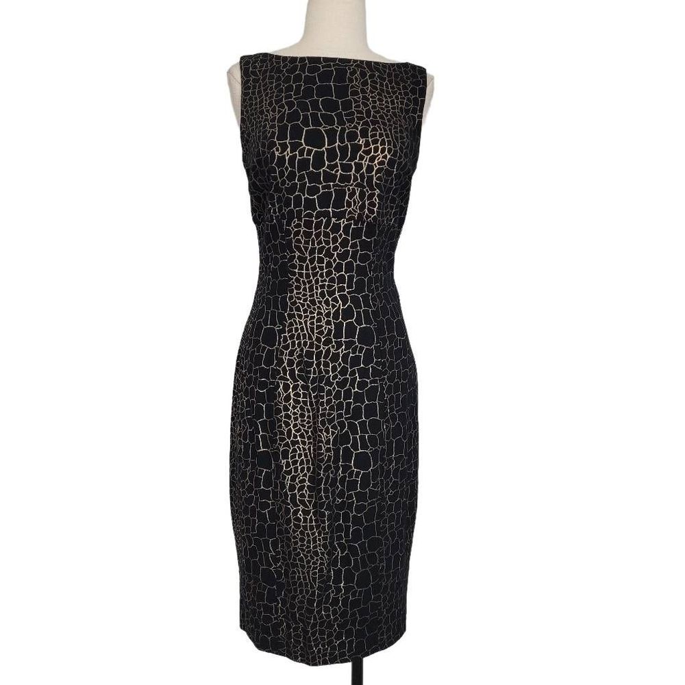 Vtg Cache Black Gold Animal Print Sheath Dress Sz 8 Sleeveless Knee Length - Picture 1 of 10